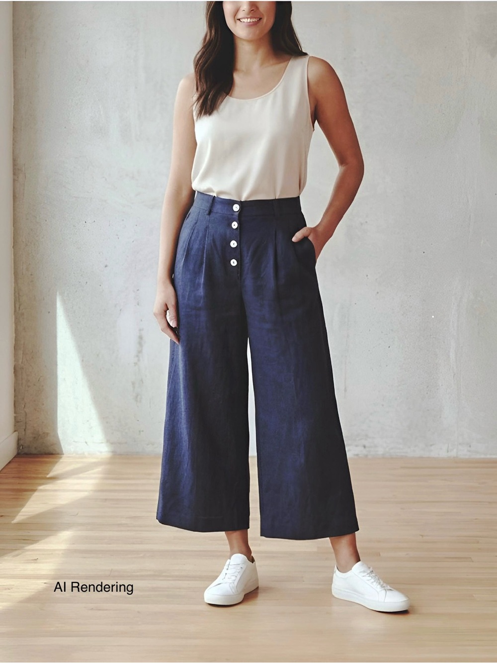 New! VIVID Dark Blue Linen Jeans Style Wide Leg Button Fly Cropped Pants size 6